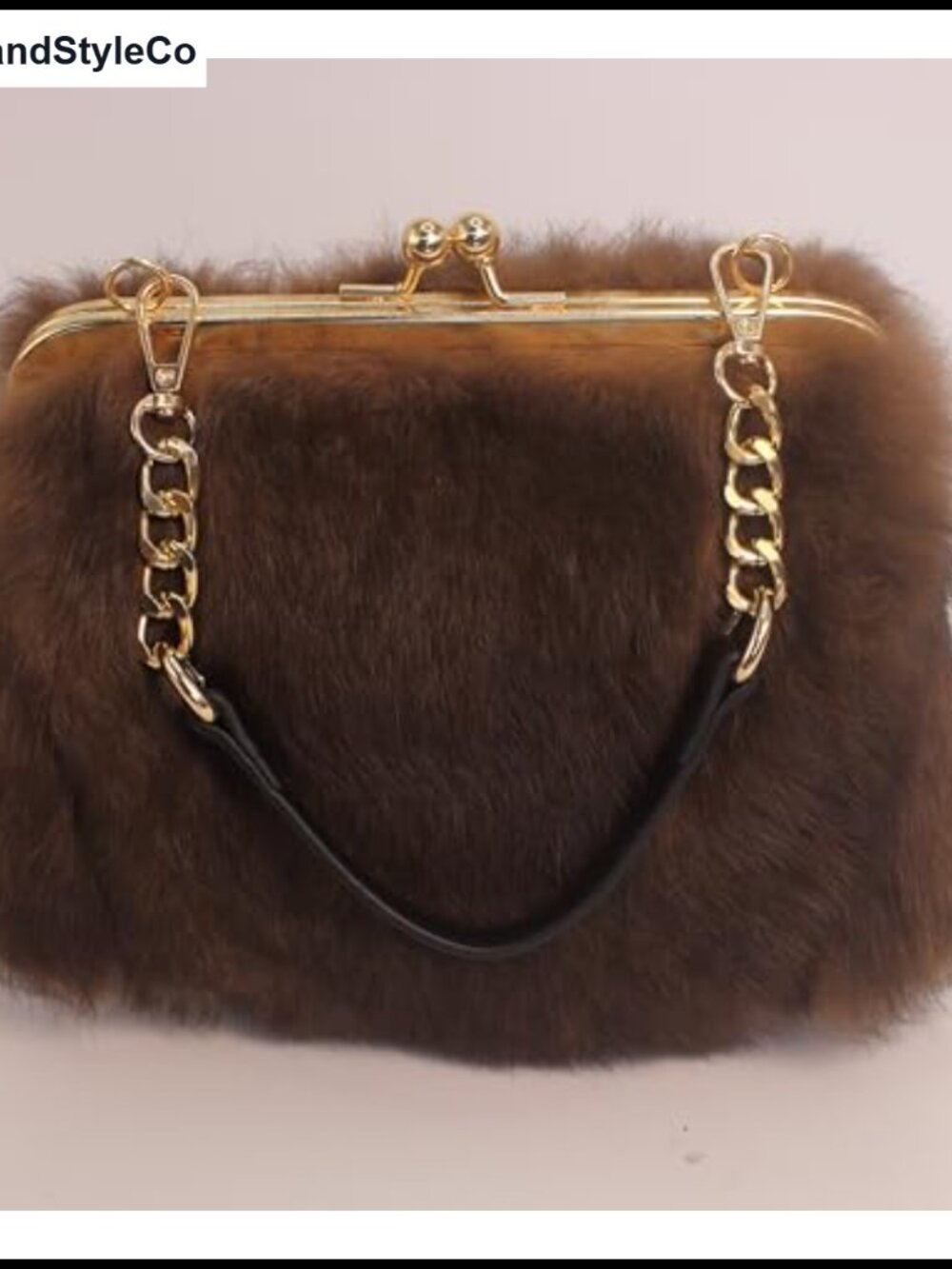 Genuine Rabbit Fur Kisslock Clutch Handbag with Gold-Tone Chain - Picture 4 of 6